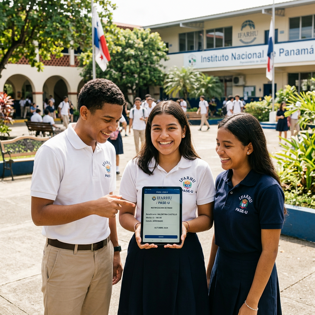 Estudiantes sonriendo con pago PASE-U